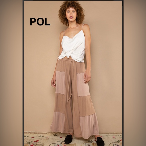 BPB224-9🤎POL perfection in  Two-Tone Tiered wide leg soft pants in tan+taupe! - Picture 5 of 6